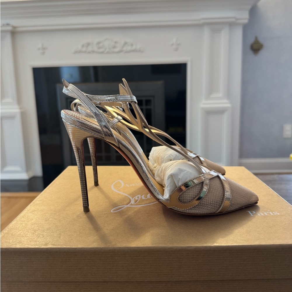 Christian Louboutin Double L Pump 100 Metallic Nude-Silver Heels